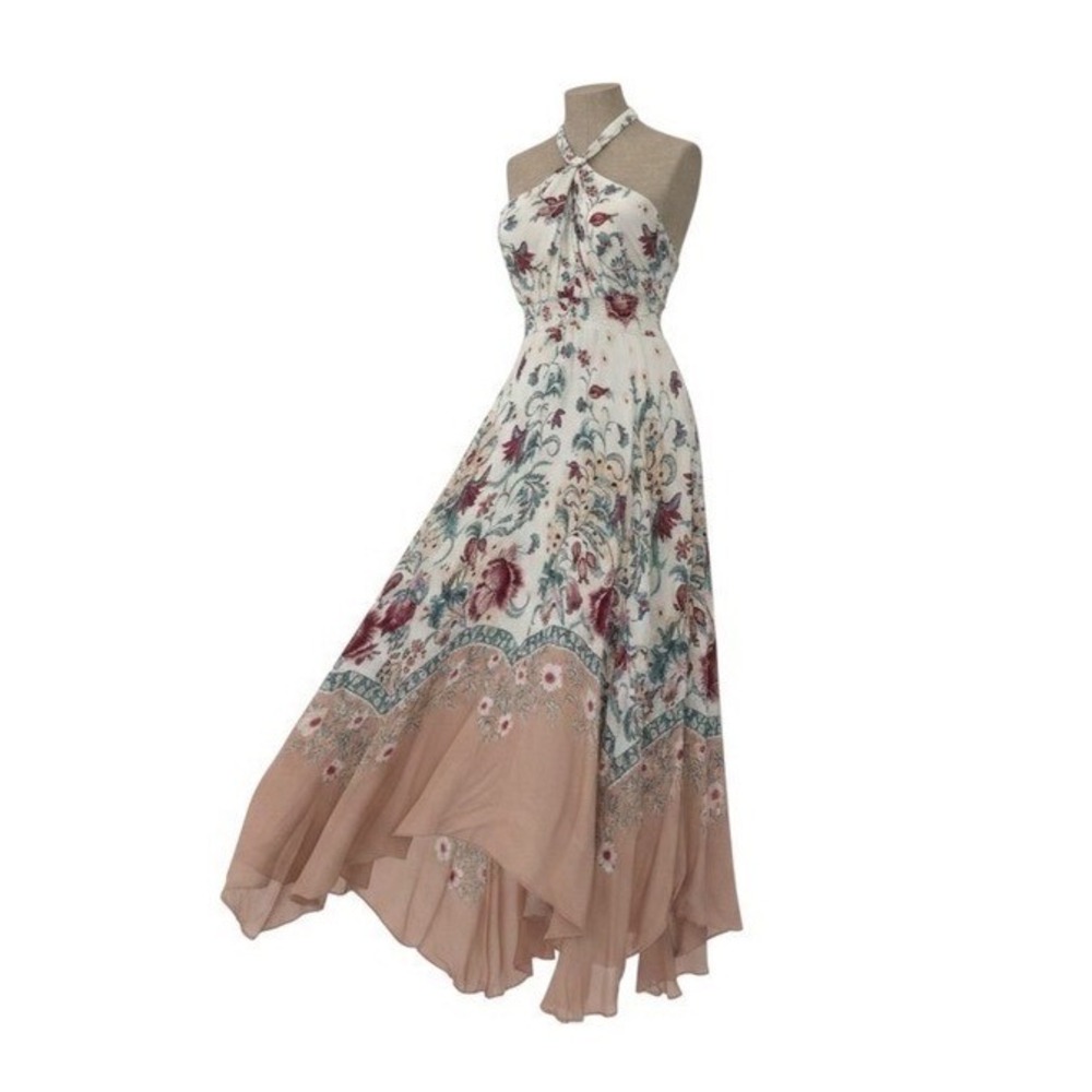 Label Ritu Kumar‎ Floral Halter Maxi Dress Cream Blush Boho Handkerchief Hem M